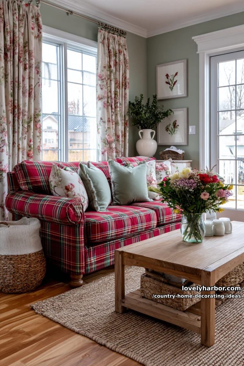 mix plaid upholstery and floral curtains for a classic english country cottage look. 1