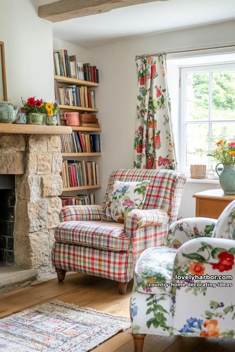 mix plaid upholstery and floral curtains for a classic english country cottage look. 1