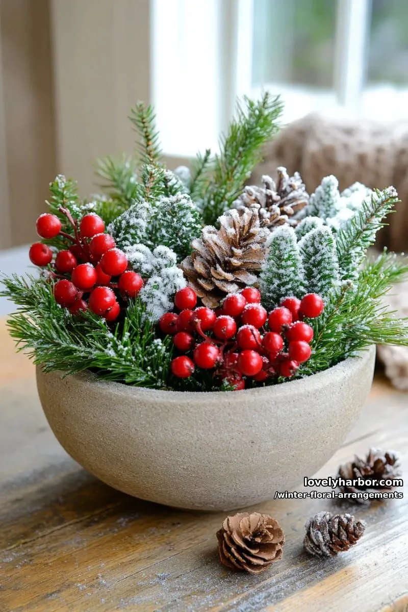 mixed evergreens, snowy branches, red berries in textured stoneware bowl 1
