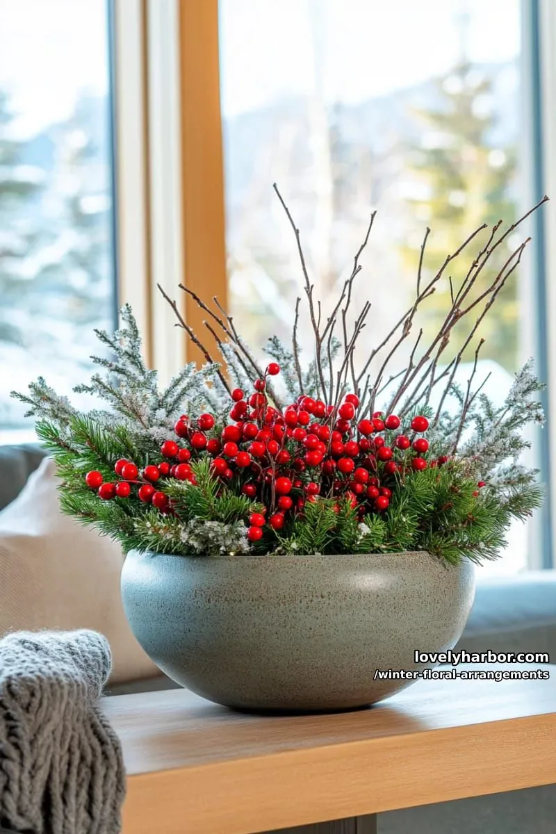 mixed evergreens, snowy branches, red berries in textured stoneware bowl 1