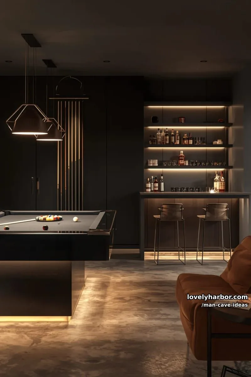 15 Classy Man Cave Ideas to Personalize Your Space 13 modern billiards area with glowing pool table and floating wall shelves for cues 1