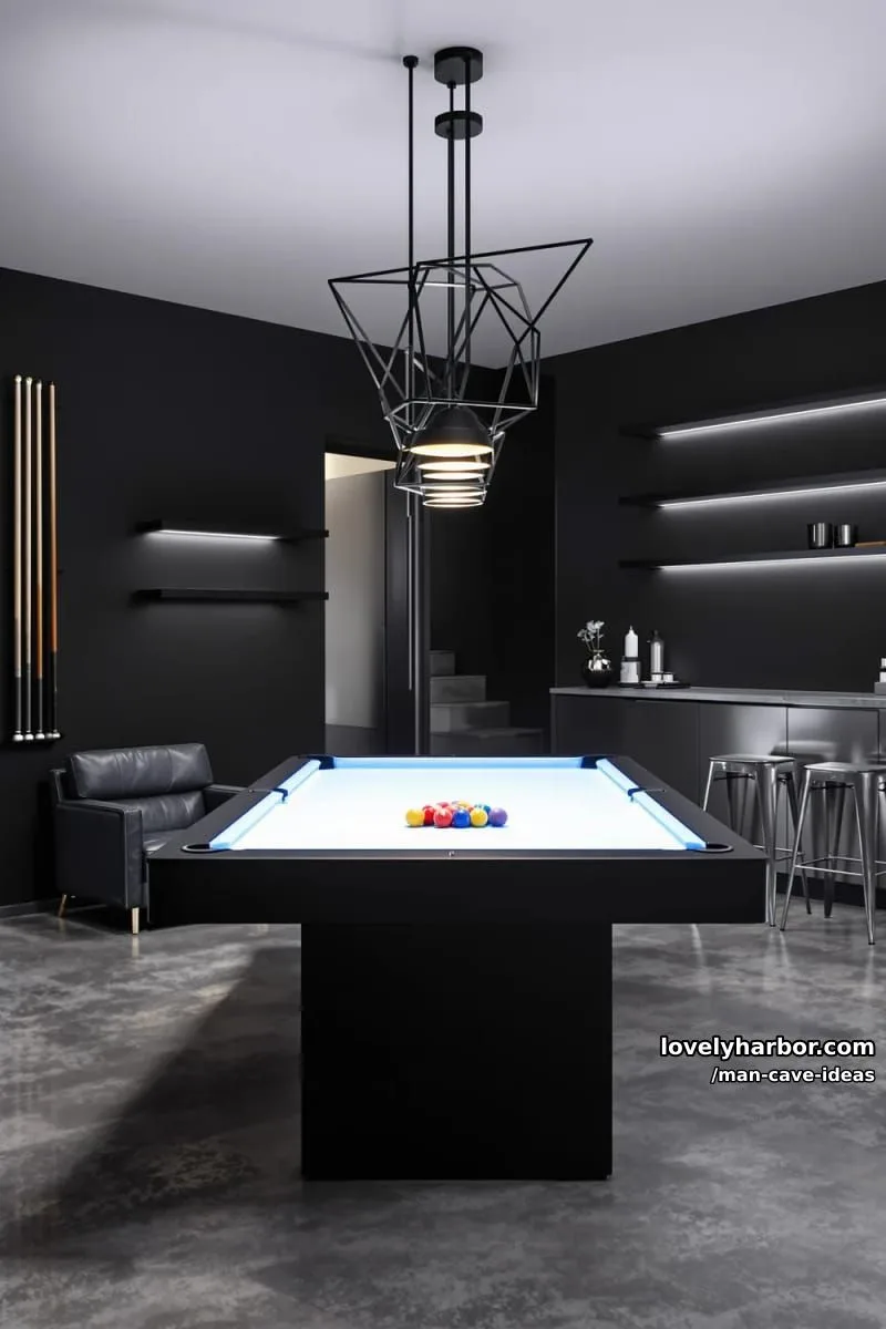 15 Classy Man Cave Ideas to Personalize Your Space 14 modern billiards area with glowing pool table and floating wall shelves for cues 1