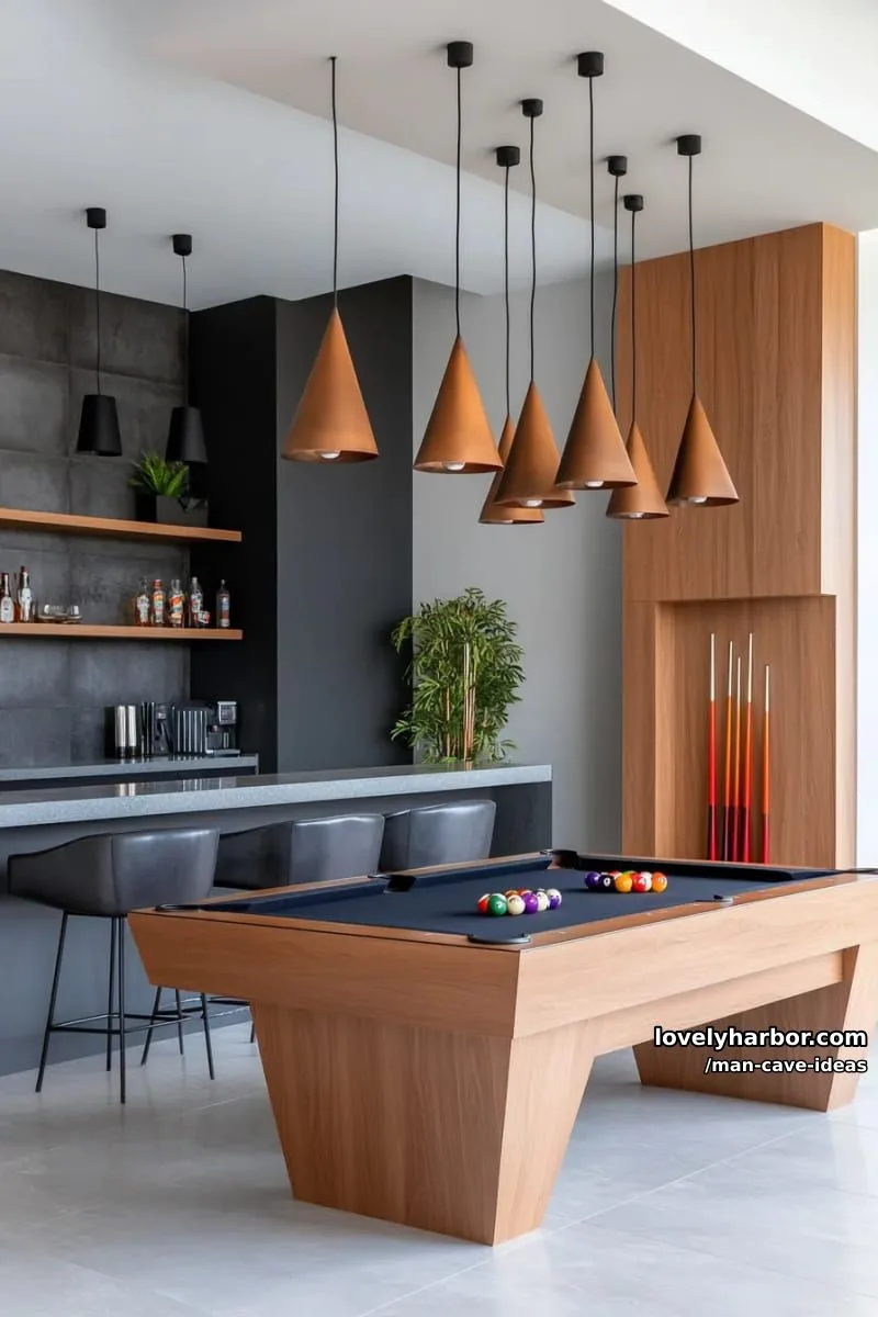 15 Classy Man Cave Ideas to Personalize Your Space 15 modern billiards area with glowing pool table and floating wall shelves for cues 1