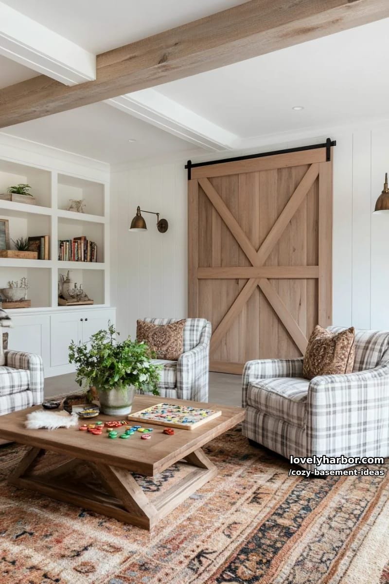 modern farmhouse game room with sliding barn door and cozy plaid armchairs 1