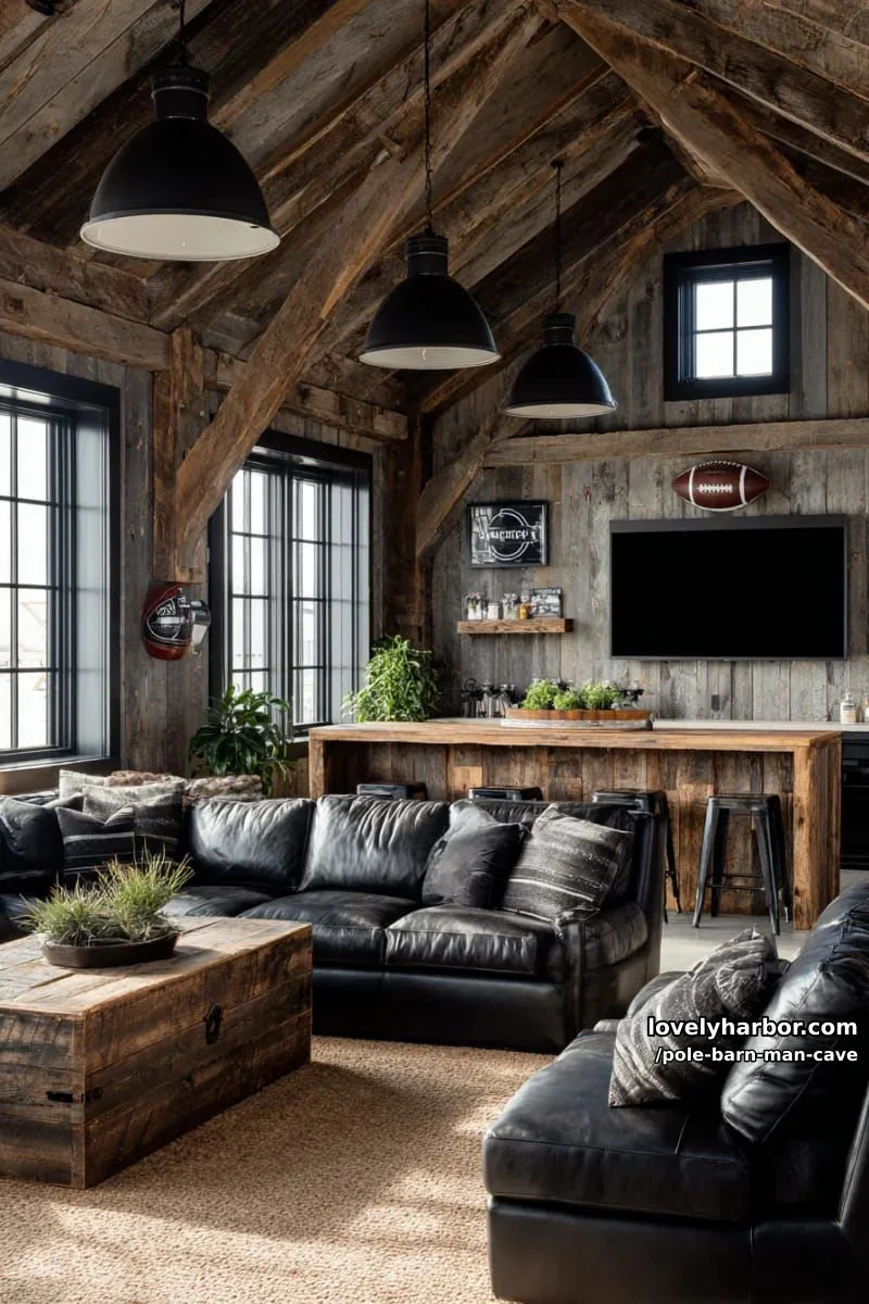 modern farmhouse man cave with black steel accents and open rafters 1