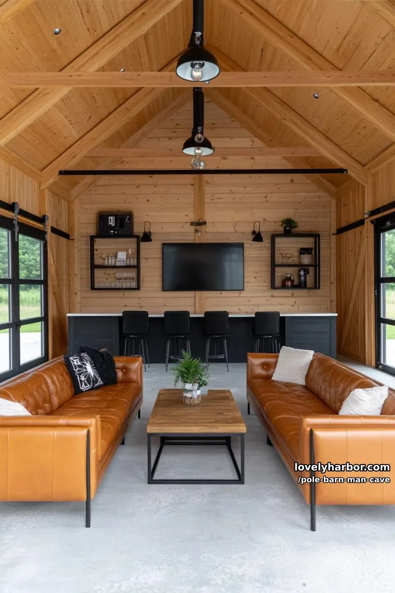 modern farmhouse man cave with black steel accents and open rafters 1