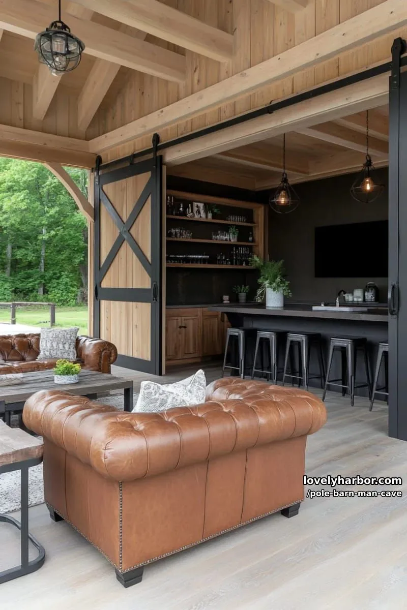 modern farmhouse man cave with black steel accents and open rafters 1