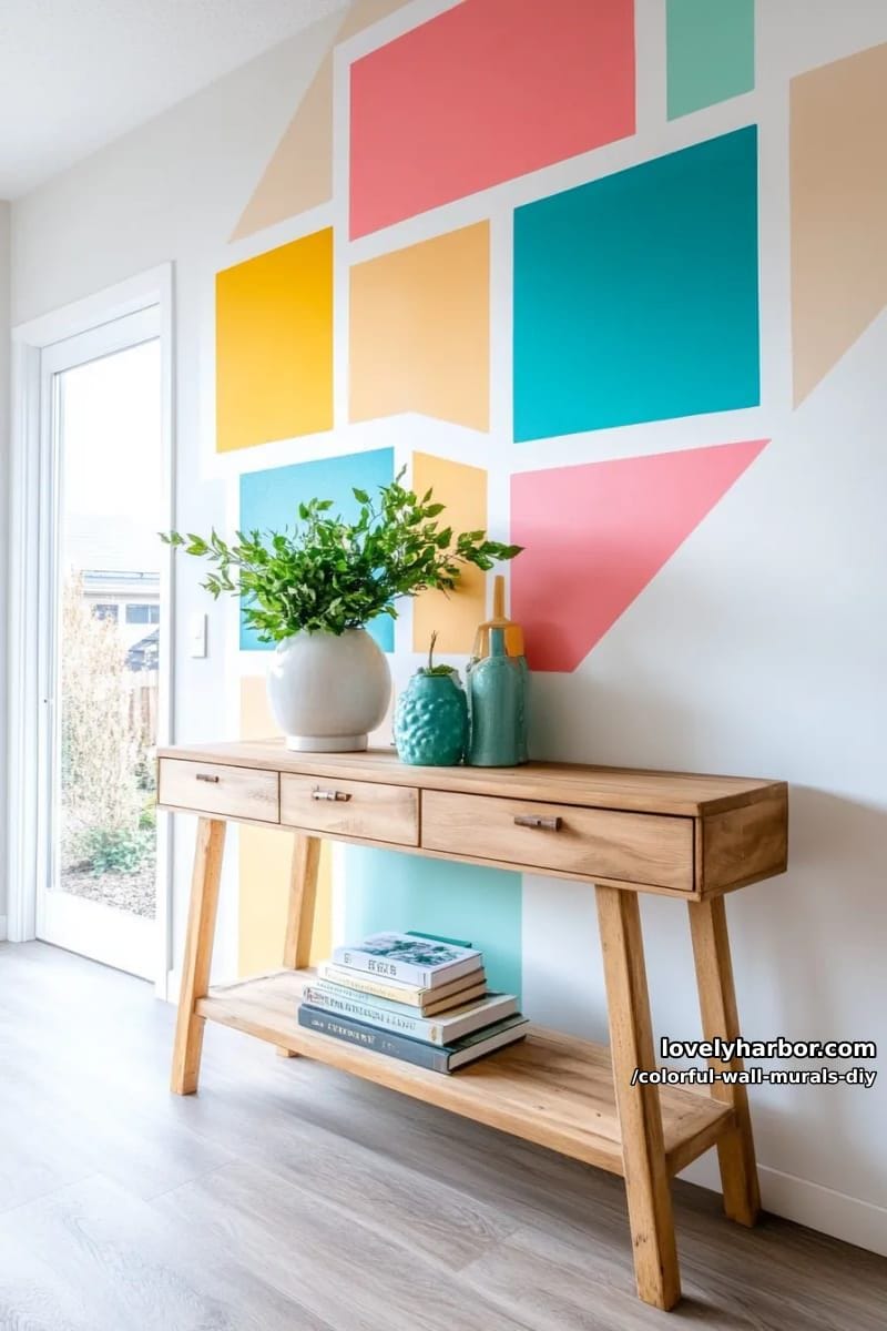 modern gallery wall mural with mismatched squares and rectangles in bright hues 1