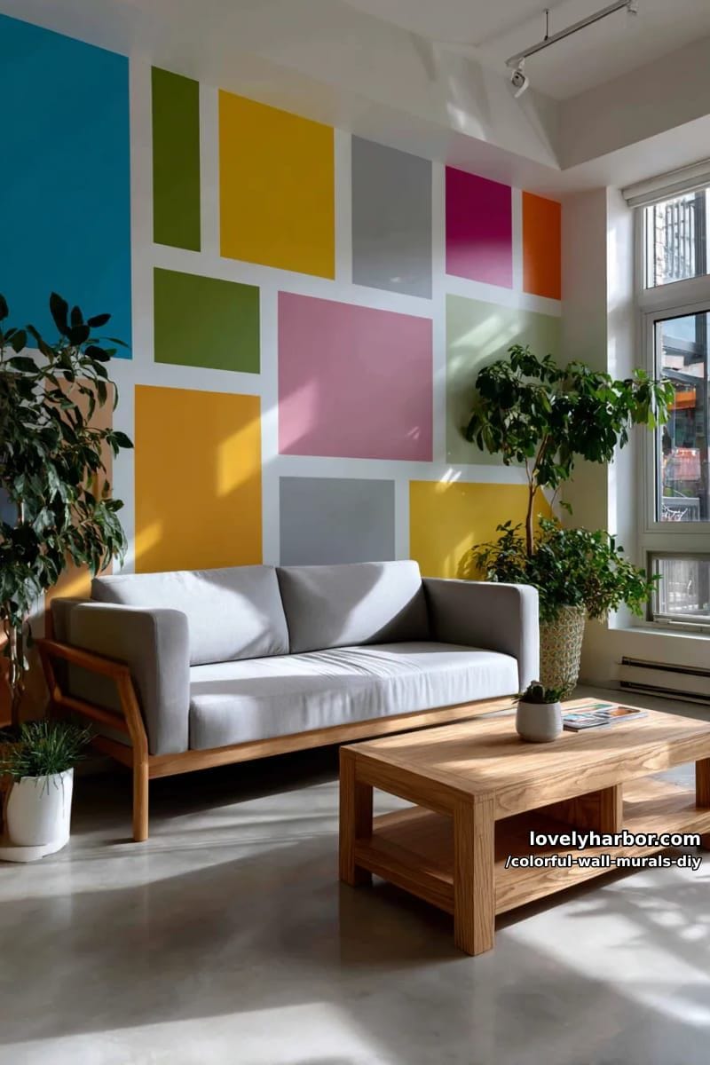 modern gallery wall mural with mismatched squares and rectangles in bright hues 1