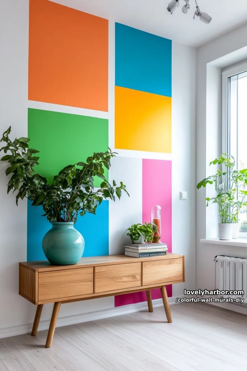 modern gallery wall mural with mismatched squares and rectangles in bright hues 1