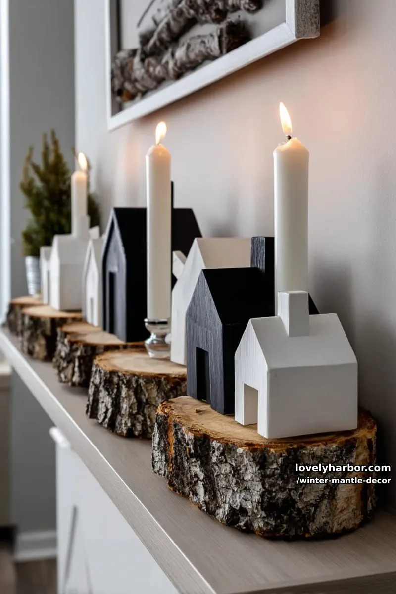15 Stylish Winter Mantel Looks to Elevate Your Home 8 modern minimalist black wooden houses and tall white taper candles on wood slices. 1