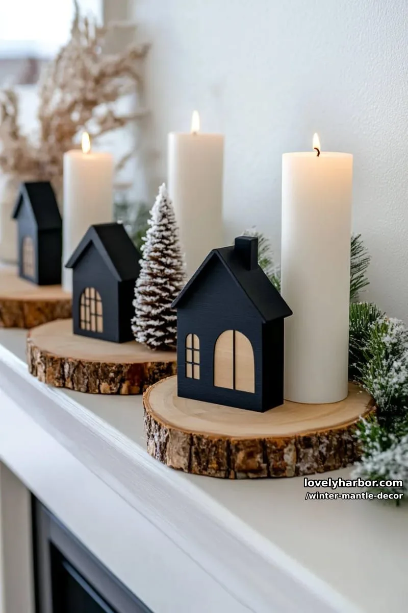 15 Stylish Winter Mantel Looks to Elevate Your Home 9 modern minimalist black wooden houses and tall white taper candles on wood slices. 1