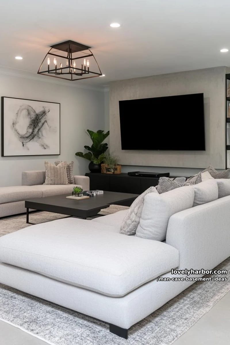 modern minimalist man cave with sleek grey furniture and geometric lighting 1