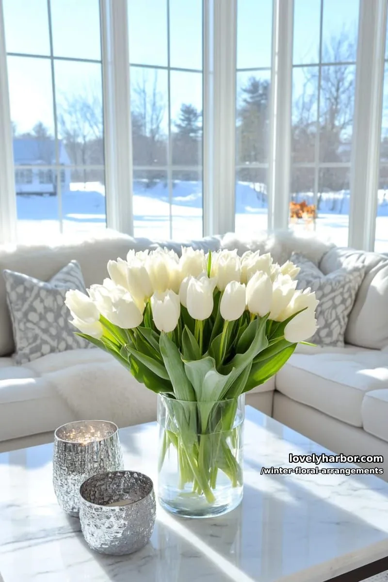 modern monochrome—white tulips, dusty miller, and silver twigs arrangement 1