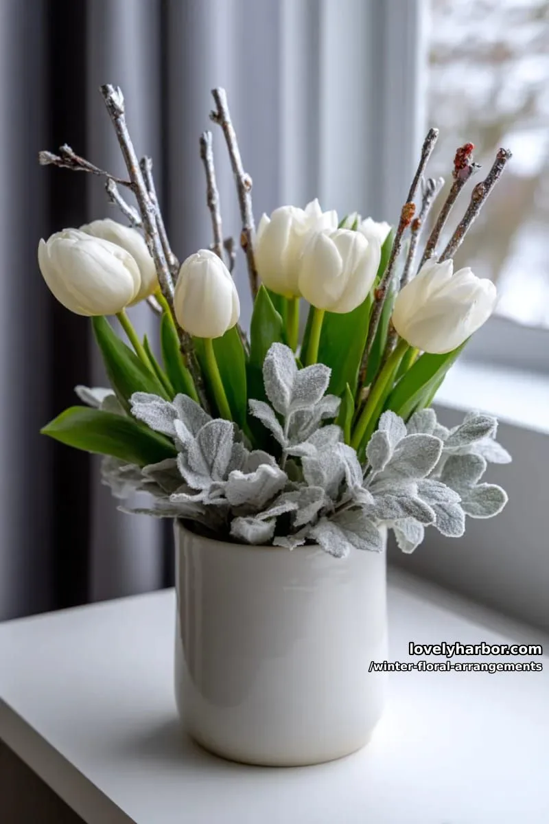 modern monochrome—white tulips, dusty miller, and silver twigs arrangement 1