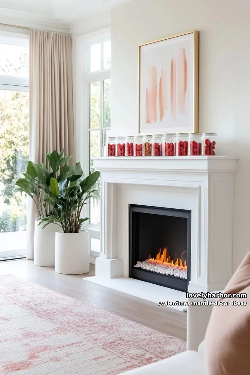 modern white mantle with delicate glass jars filled with cinnamon hearts 1