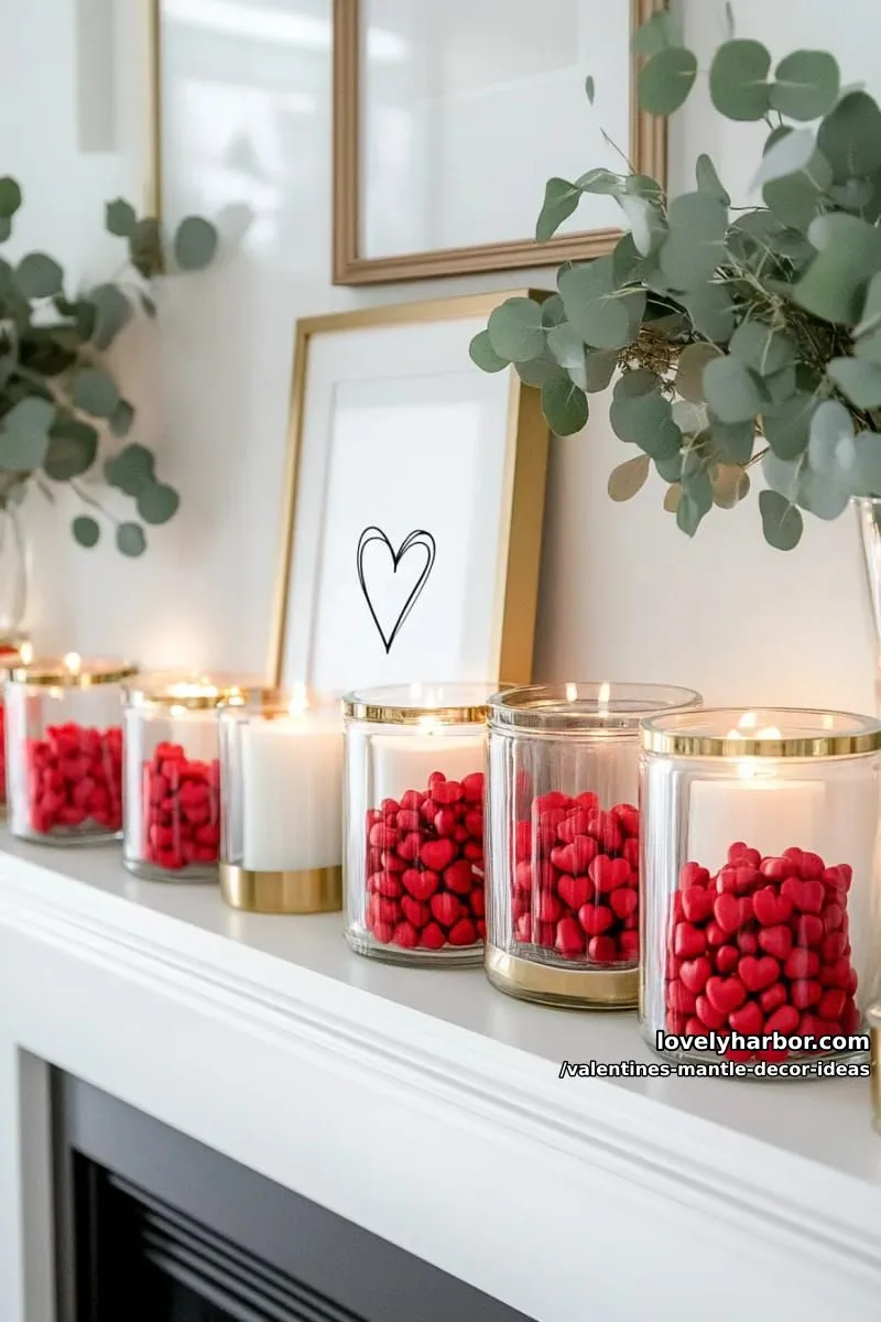 modern white mantle with delicate glass jars filled with cinnamon hearts 1