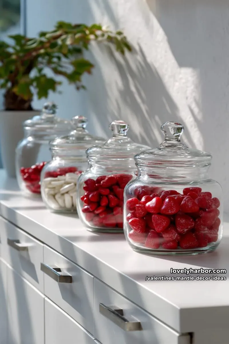 modern white mantle with delicate glass jars filled with cinnamon hearts 1