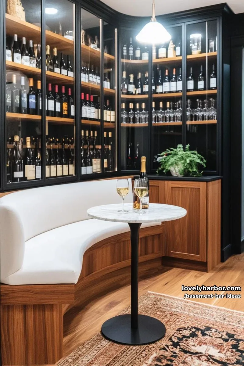 15 Modern Basement Bar Design Ideas for Comfy Entertaining 13 modern wine library bar with glass cabinets, geometric shelving, and cozy tasting nook 1