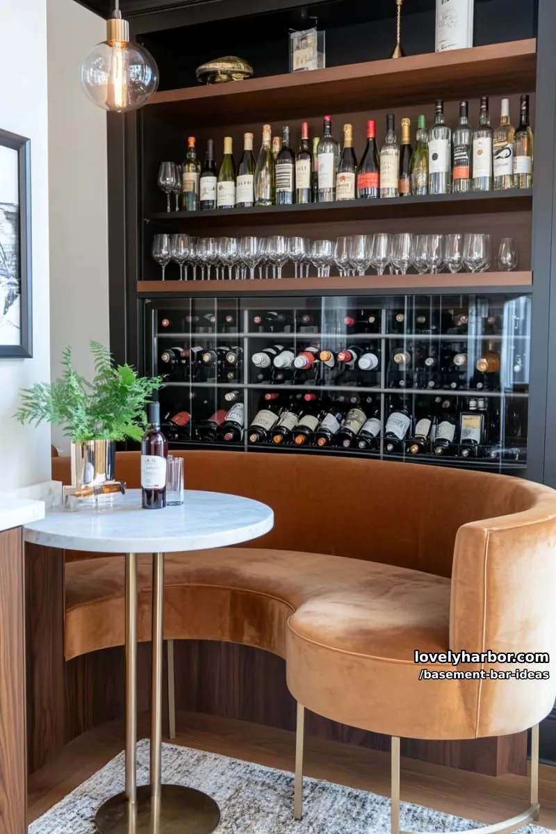 15 Modern Basement Bar Design Ideas for Comfy Entertaining 14 modern wine library bar with glass cabinets, geometric shelving, and cozy tasting nook 1