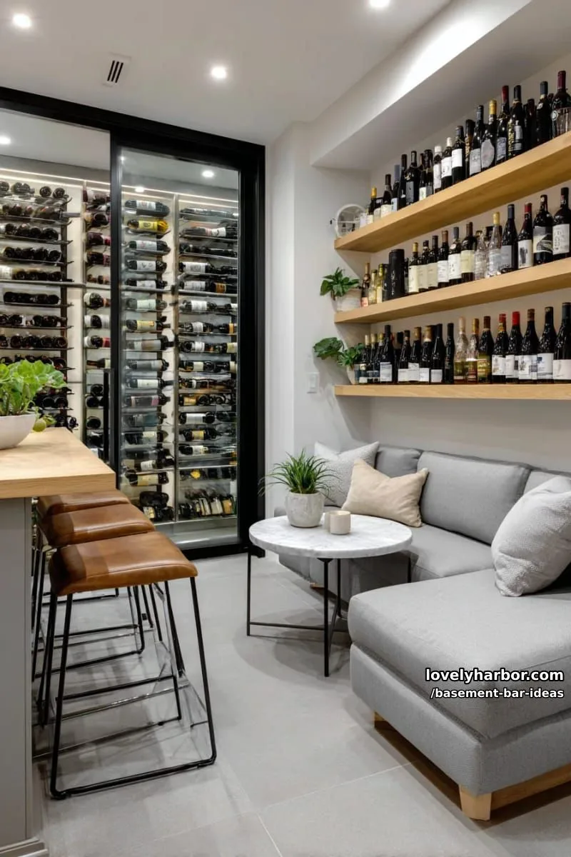 15 Modern Basement Bar Design Ideas for Comfy Entertaining 15 modern wine library bar with glass cabinets, geometric shelving, and cozy tasting nook 1
