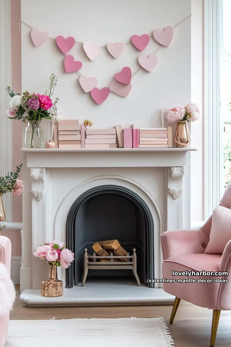 monochromatic pink book stack with a blush heart garland draped above 1