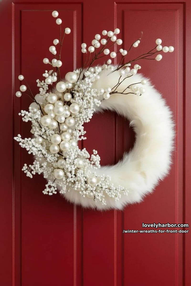 monochromatic white wreath with faux fur elements and pearl beads 1