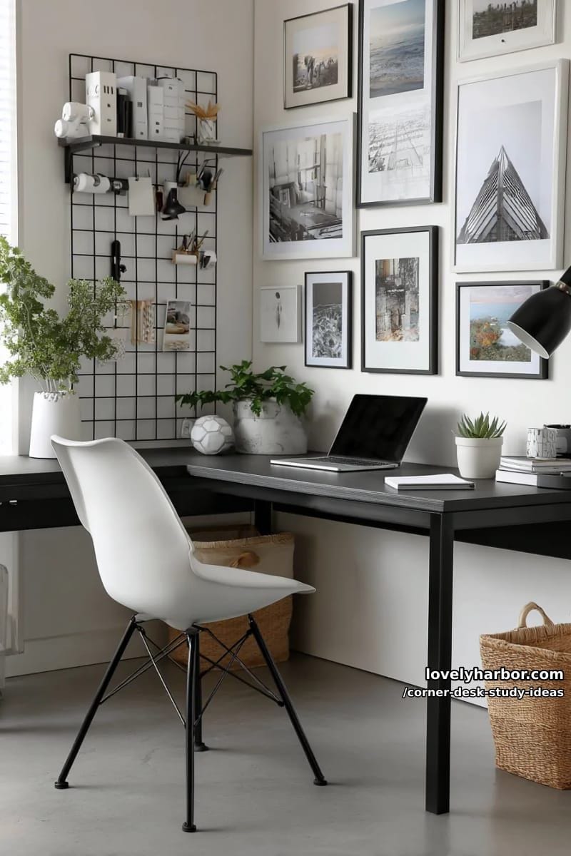 monochrome corner workspace with grid panel and black-and-white gallery wall 1