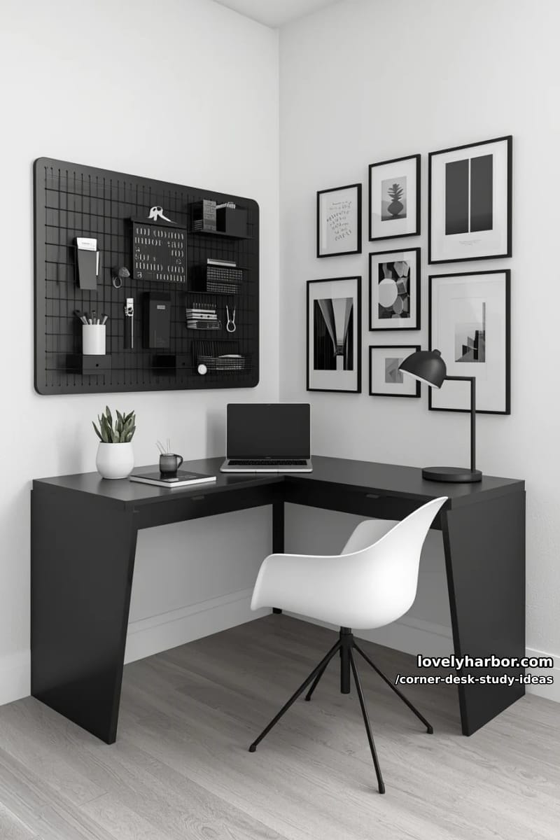 monochrome corner workspace with grid panel and black-and-white gallery wall 1