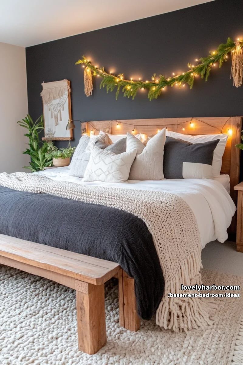 moody black accent wall with warm string lights and plush layered bedding 1
