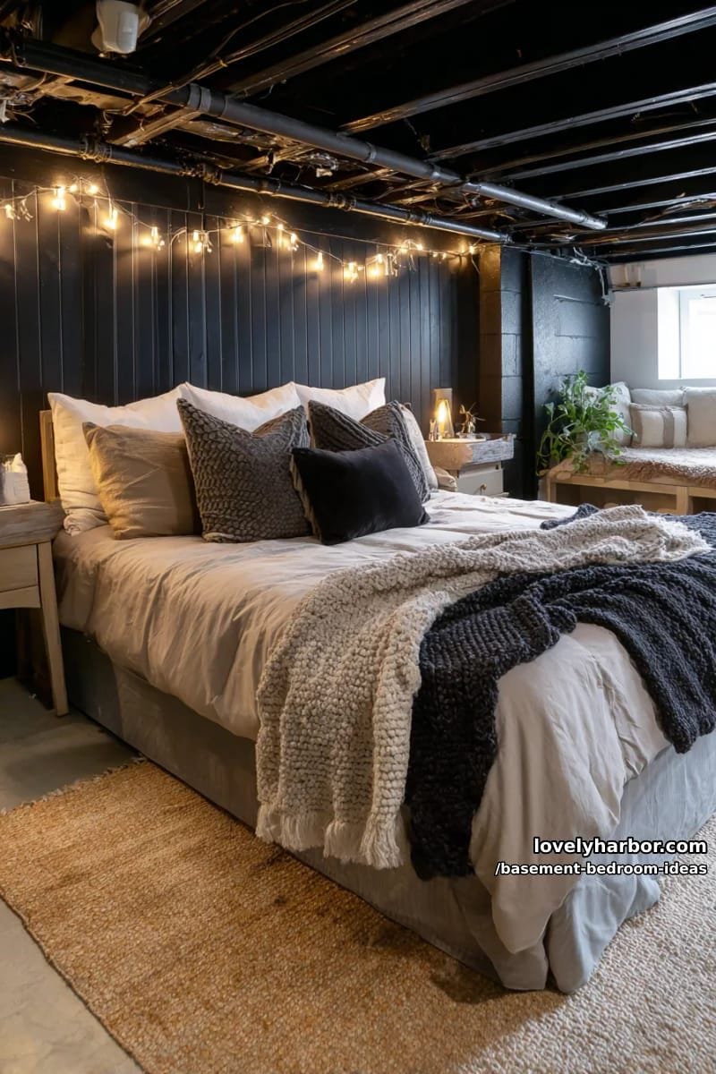 moody black accent wall with warm string lights and plush layered bedding 1