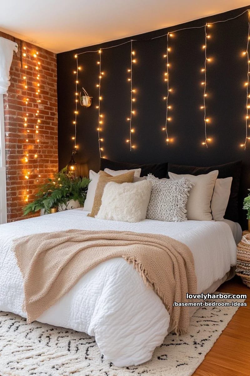 moody black accent wall with warm string lights and plush layered bedding 1