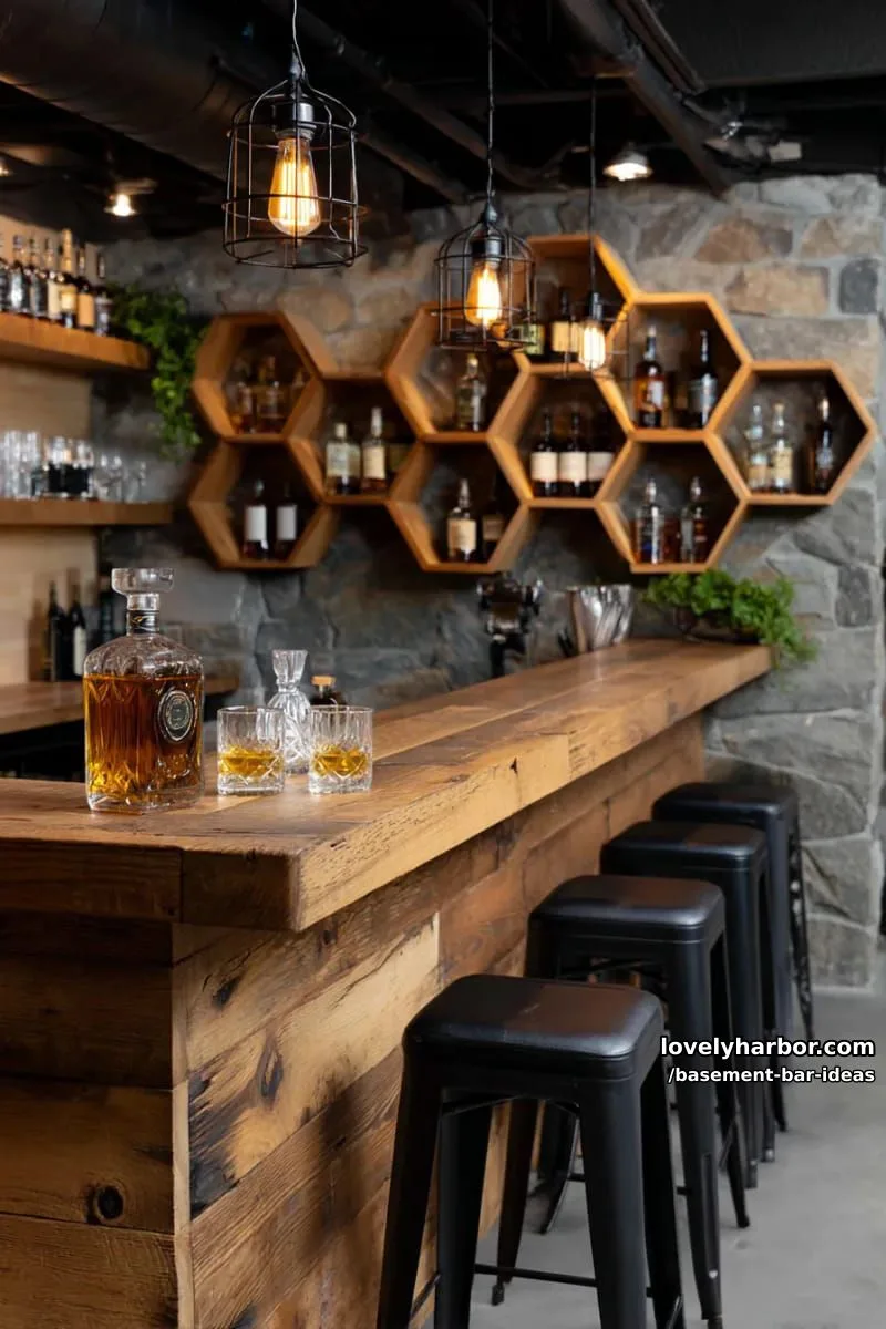15 Modern Basement Bar Design Ideas for Comfy Entertaining 3 moody whiskey cellar bar with honeycomb bottle shelves and industrial hanging lights 1