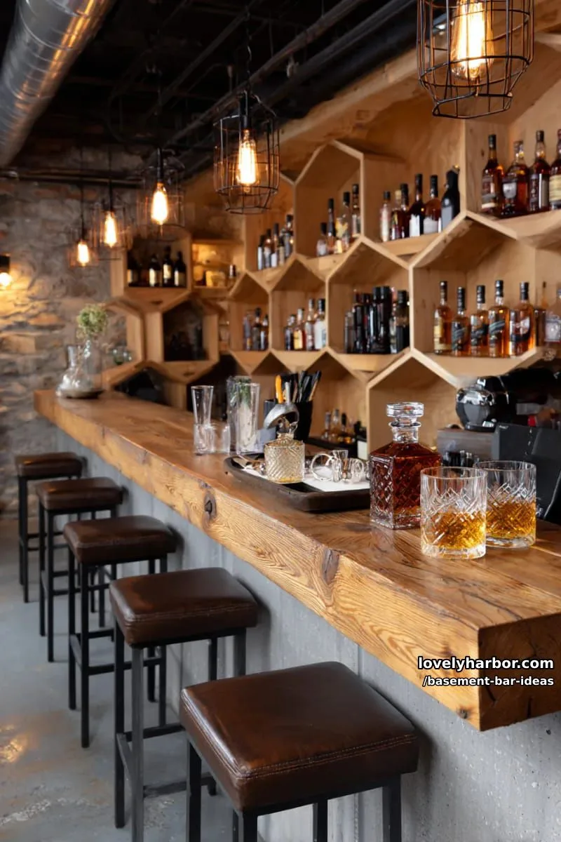 15 Modern Basement Bar Design Ideas for Comfy Entertaining 4 moody whiskey cellar bar with honeycomb bottle shelves and industrial hanging lights 1