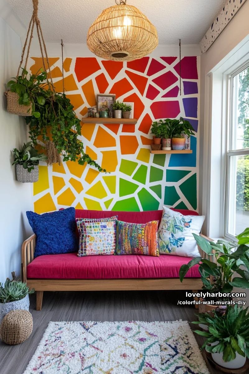 mosaic tile illusion mural mimicking broken tile patterns in rainbow shades 1