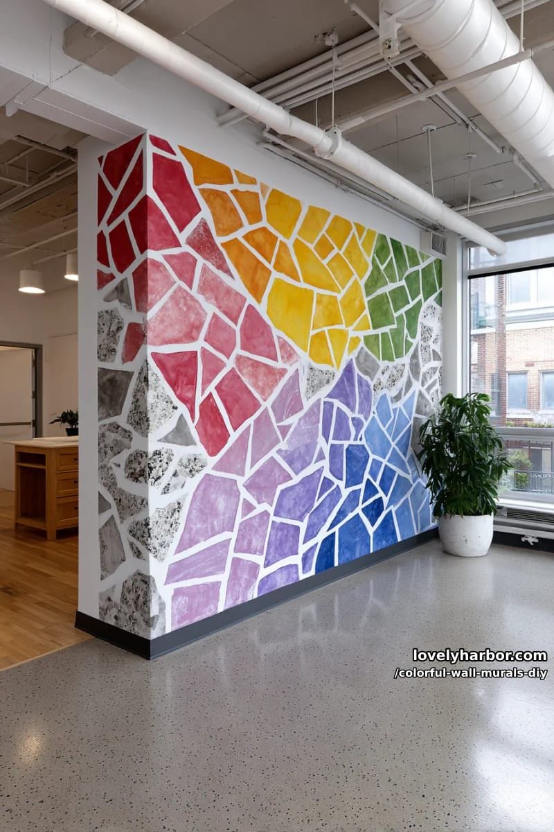mosaic tile illusion mural mimicking broken tile patterns in rainbow shades 1