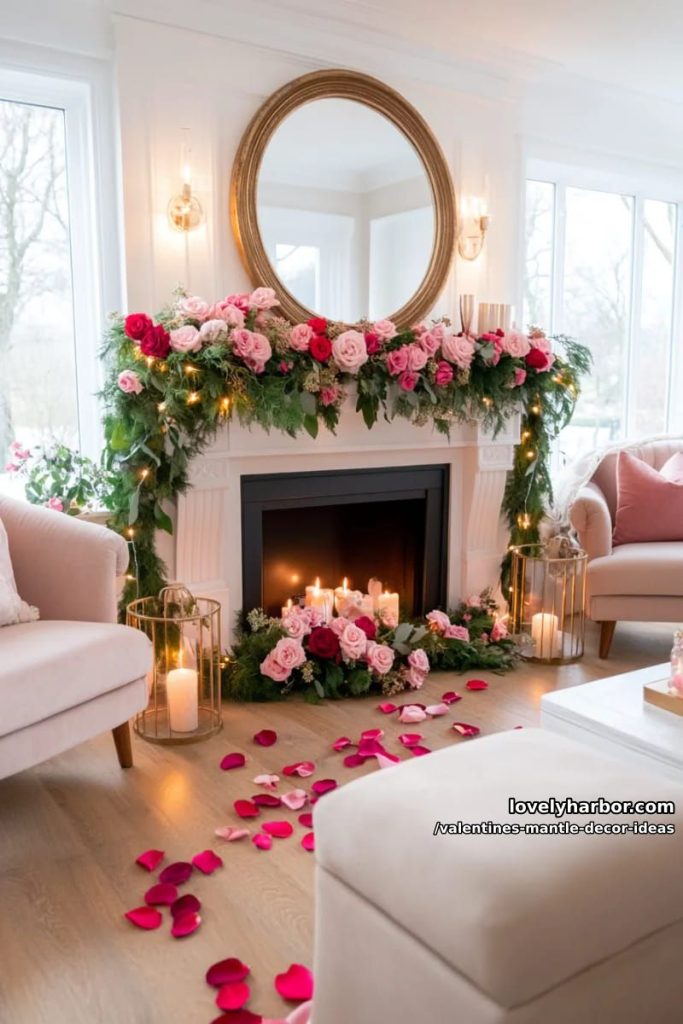 mossy greenery garland with twinkling copper lights and scattered rose petals 23