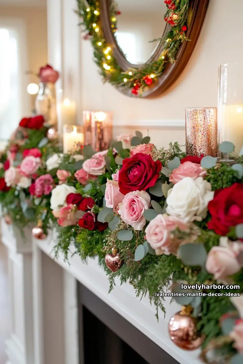 mossy greenery garland with twinkling copper lights and scattered rose petals 1