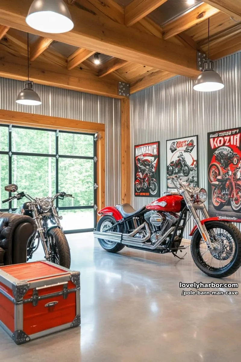 motorcycle showcase barn with glass garage doors and polished concrete floors 1