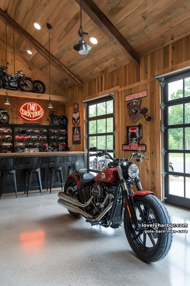 motorcycle showcase barn with glass garage doors and polished concrete floors 1
