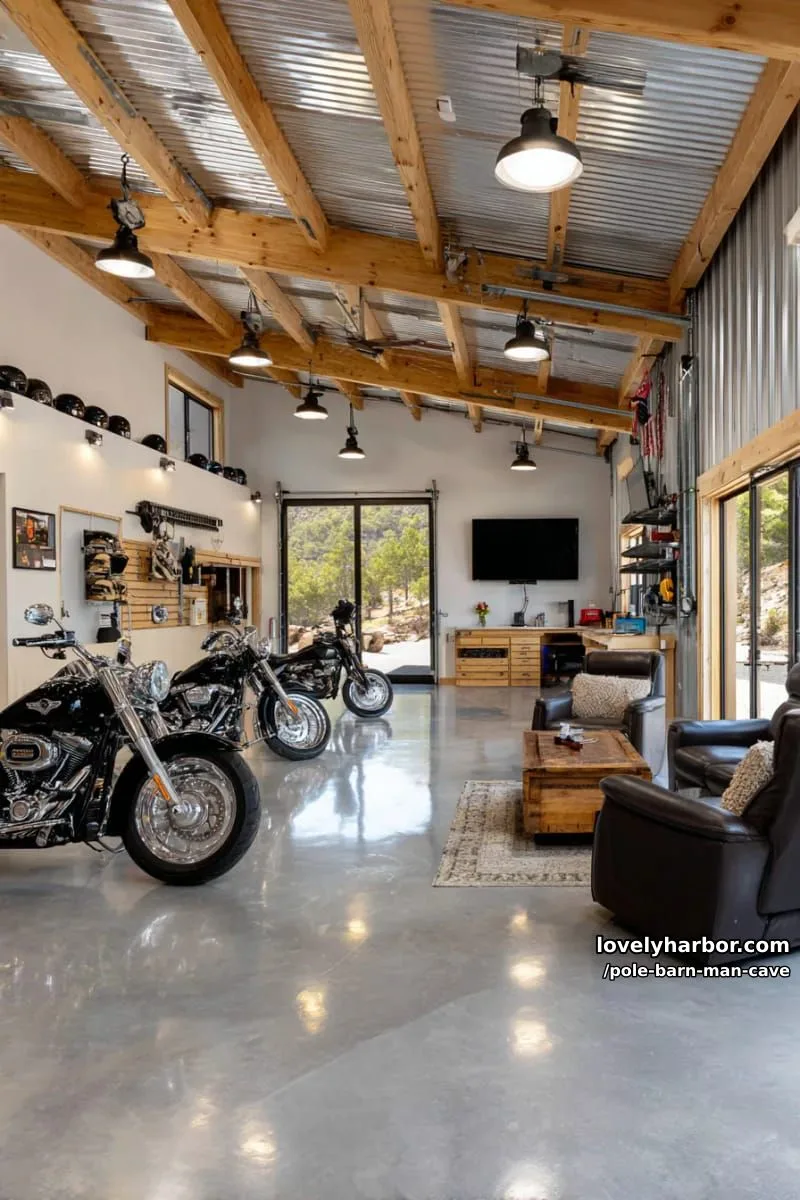 motorcycle showcase barn with glass garage doors and polished concrete floors 1