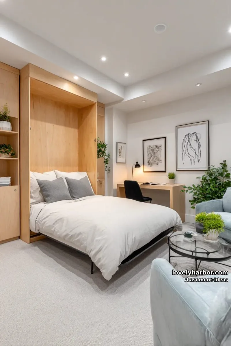 15 Creative Basement Design Ideas with Wow Factor 29 multi-functional guest suite with murphy bed and hidden closet storage. 1