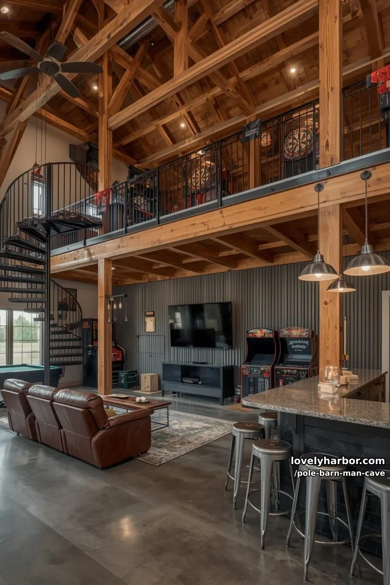 multi-level loft with spiral staircase and mezzanine game room 1