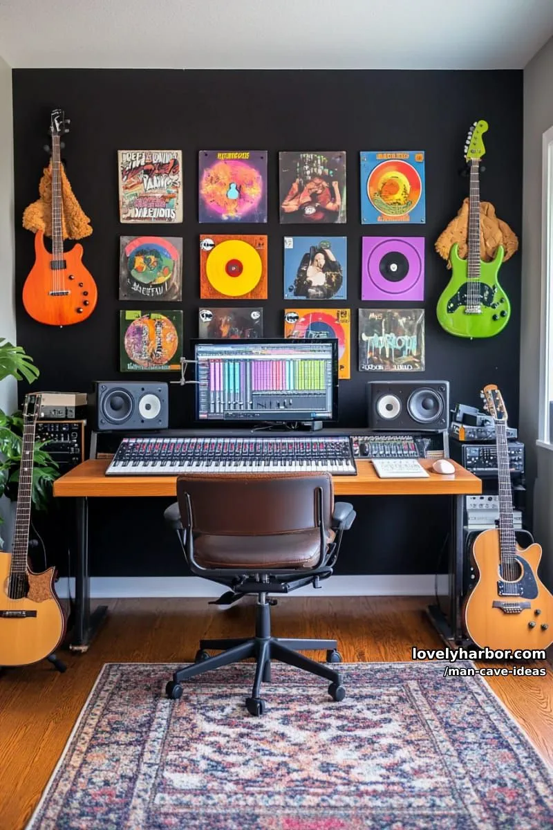 15 Classy Man Cave Ideas to Personalize Your Space 30 music studio man cave with vinyl record display, guitars, and soundproof panels 1