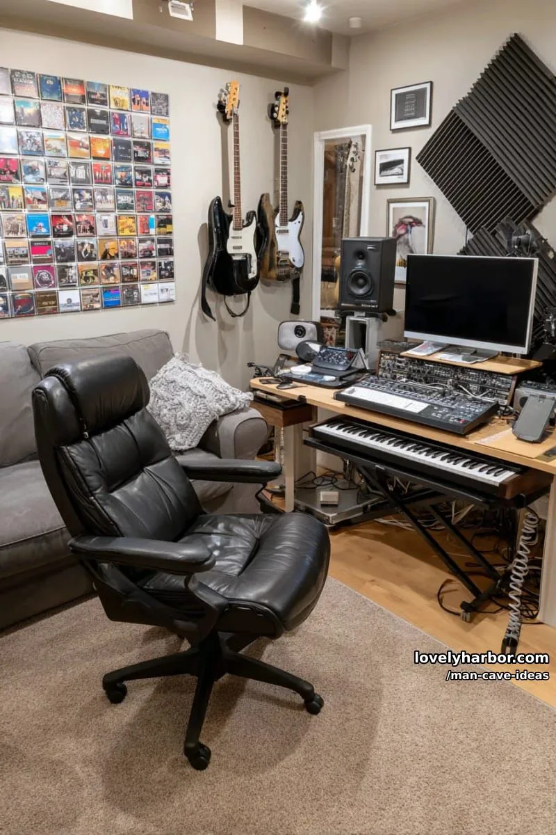 15 Classy Man Cave Ideas to Personalize Your Space 31 music studio man cave with vinyl record display, guitars, and soundproof panels 1