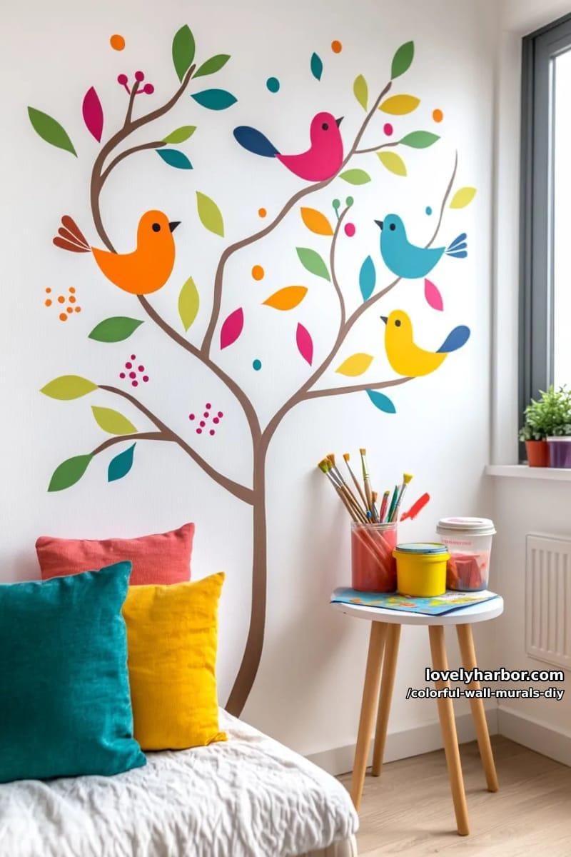 nature-inspired mural with stylized birds perched on colorful branches 1
