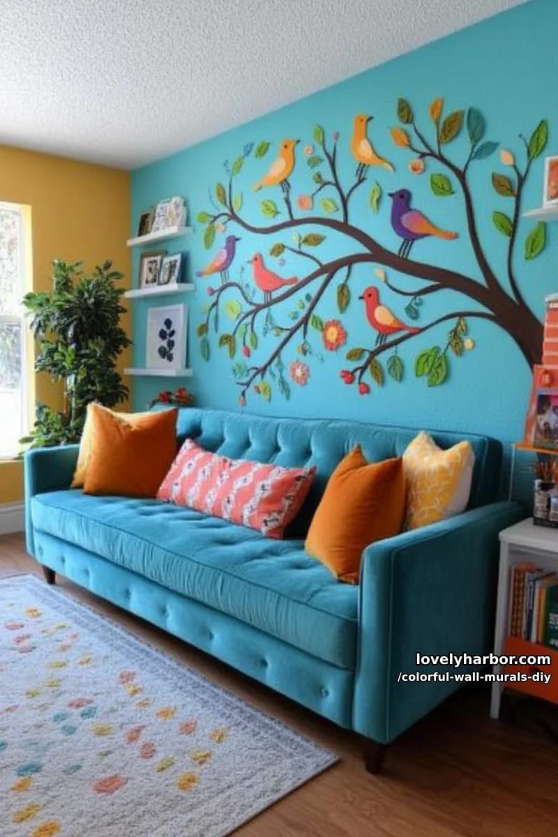 nature-inspired mural with stylized birds perched on colorful branches 1