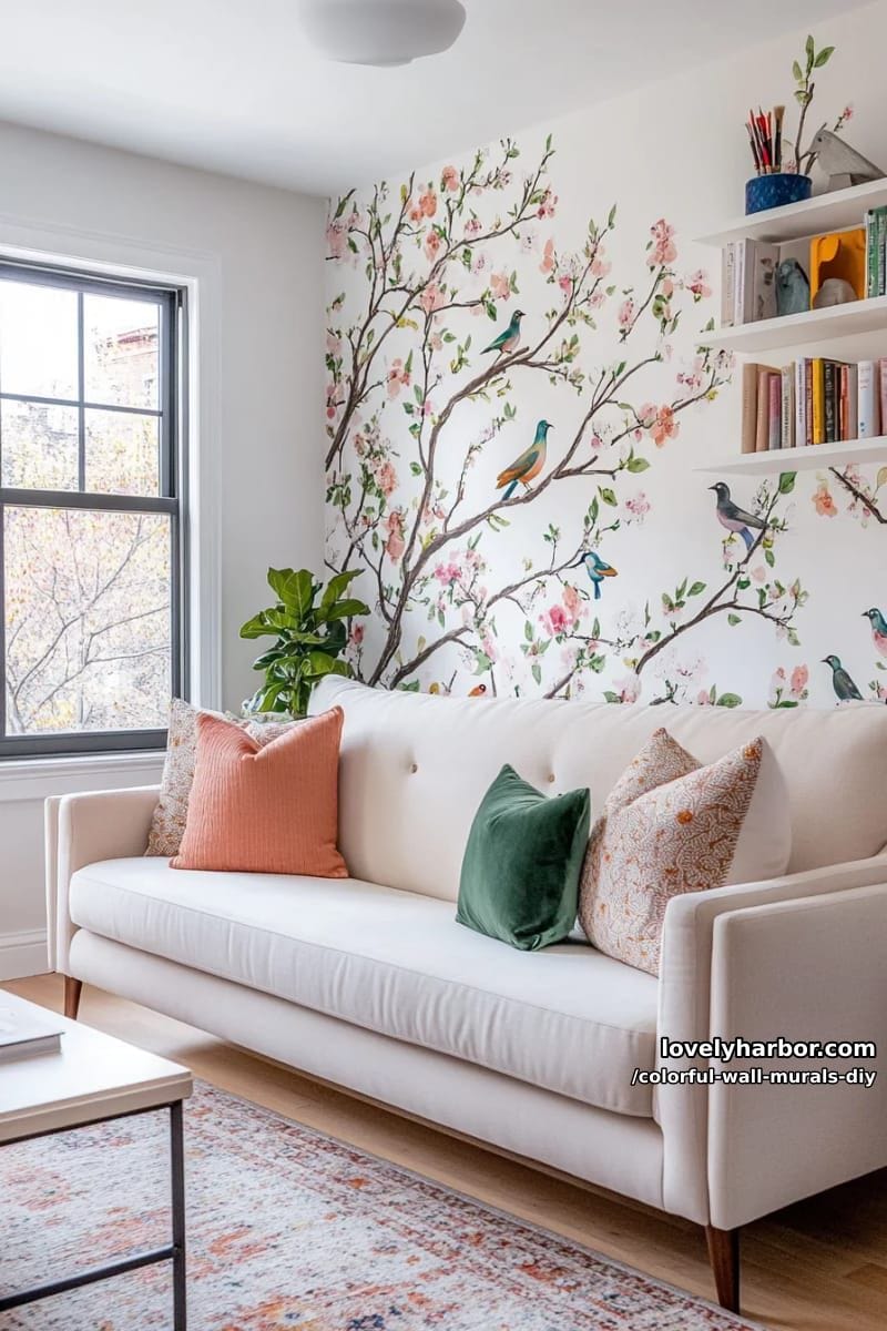 nature-inspired mural with stylized birds perched on colorful branches 1