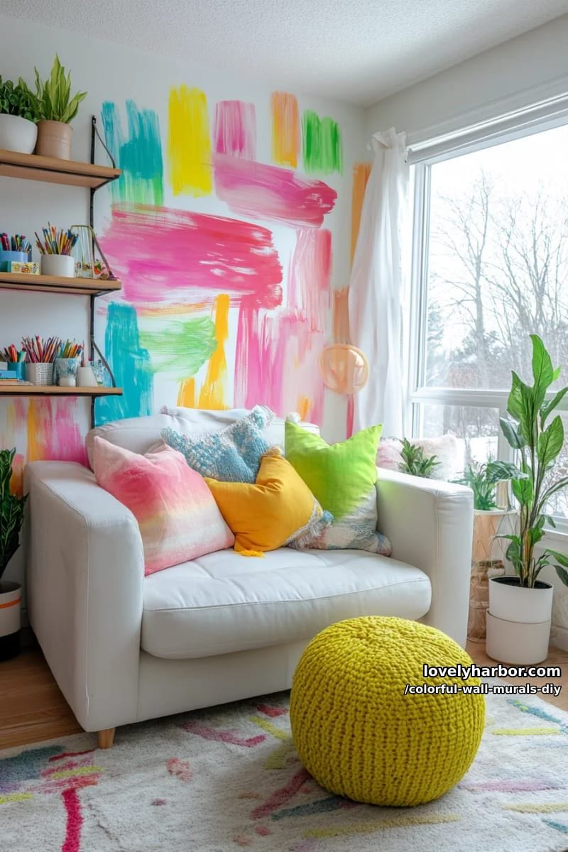 neon brushstroke mural with layered strokes in hot pink and lime 1