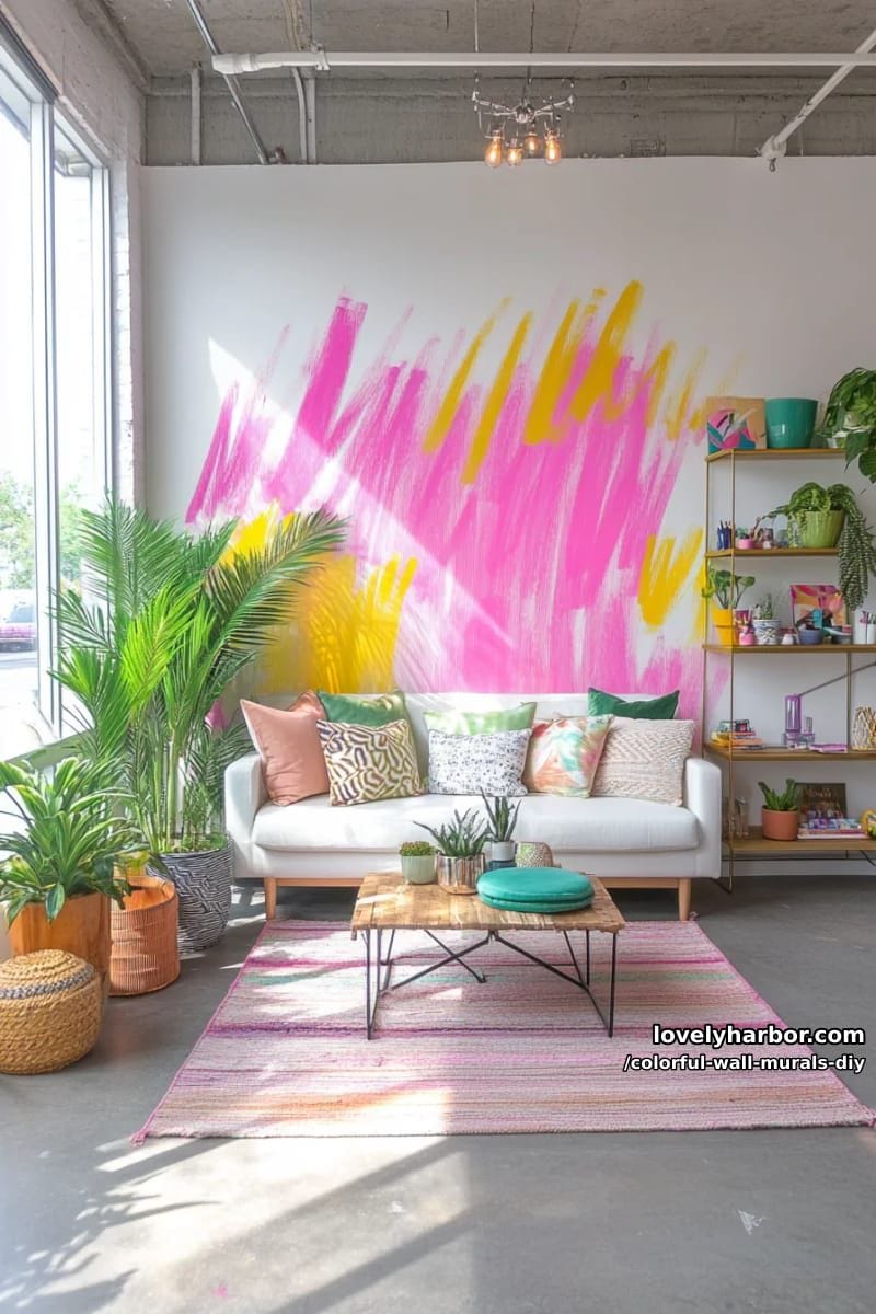 neon brushstroke mural with layered strokes in hot pink and lime 1